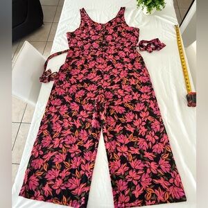 Kensie Jeans Black Floral Jumpsuit with Pink & Orange Leaves Size L